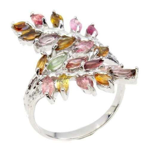 Deluxe Unheated Multi-Tourmaline, White Cubic Zirconia Solid. 925 Sterling Silver Ring Size 9.5