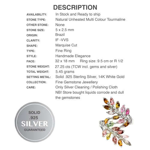 Deluxe Unheated Multi-Tourmaline, White Cubic Zirconia Solid. 925 Sterling Silver Ring Size 9.5