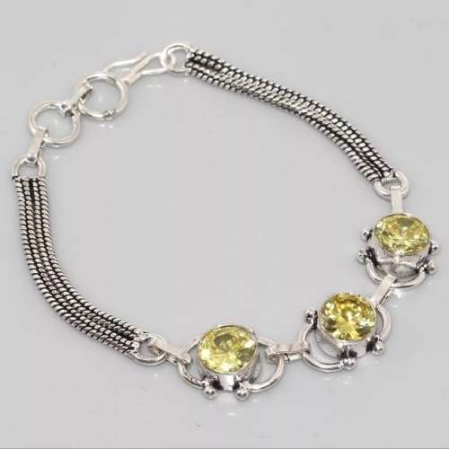 Lemon Citrine Faceted Round Gemstones set in .925 Sterling Silver Plated Handmade Bracelet