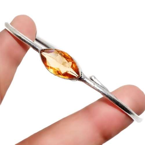 Faceted Marquise Citrine Gemstone Set in .925 Sterling Silver Plated Handmade Adjustable Bangle