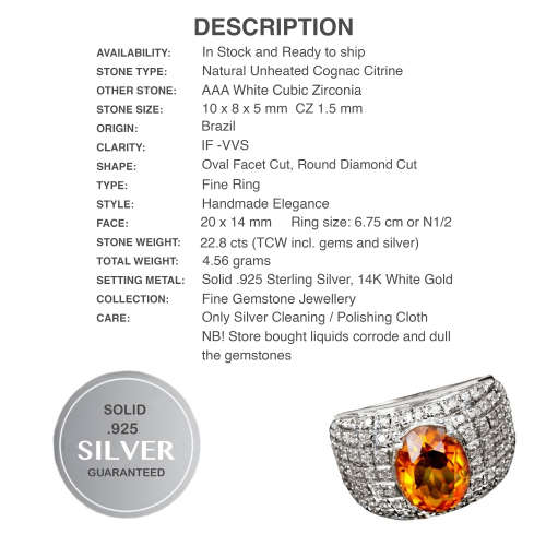 Deluxe Natural Unheated Cognac Citrine Solid .925 Sterling Silver 14K White Gold Ring Size US 6.75 N