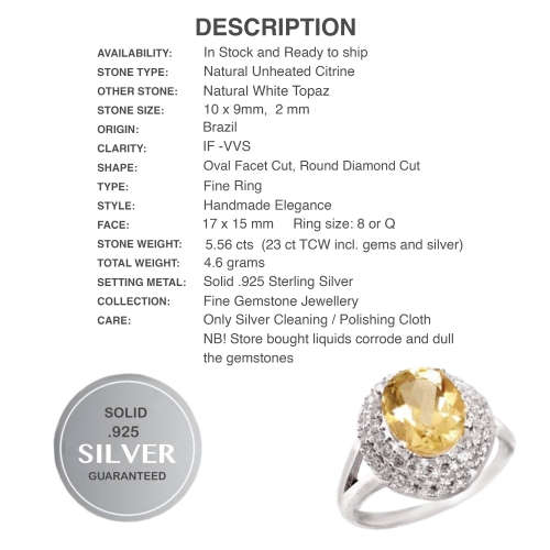 5.65 Cts Natural Sunny Citrine and White Topaz  set in Solid .925 Sterling Silver Ring Size 8 / Q