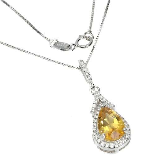 Deluxe Natural Unheated Citrine, White Cubic Zirconia Gemstone  Solid .925 Sterling Silver Necklace