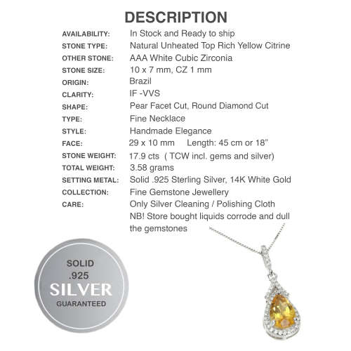 Deluxe Natural Unheated Citrine, White Cubic Zirconia Gemstone  Solid .925 Sterling Silver Necklace