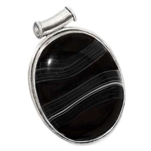 Handmade Natural Banded Black Onyx Oval Gemstone set in.925 Sterling Silver Plated Pendant