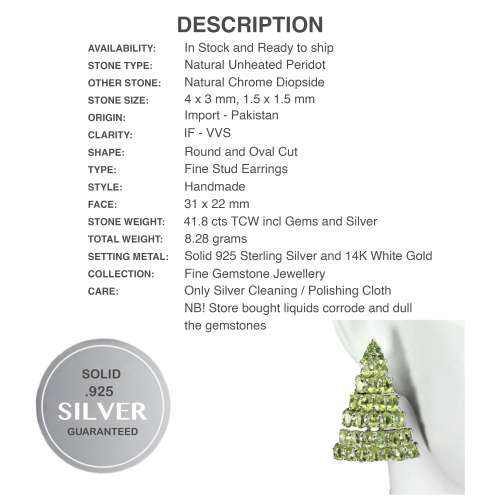 Deluxe  68 Natural Unheated Peridot and Chrome Diopside Gemstone Solid .925 Sterling Silver Earrings