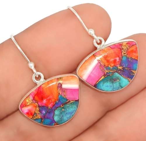 Natural Kingman Pink Dahlia Turquoise Gemstone set in Solid .925 Sterling Silver Earrings