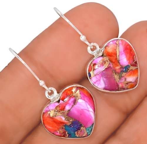Natural Kingman Pink Dahlia Turquoise Heart Gemstone set in Solid .925 Sterling Silver Earrings