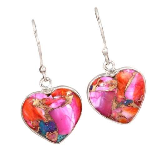 Natural Kingman Pink Dahlia Turquoise Heart Gemstone set in Solid .925 Sterling Silver Earrings