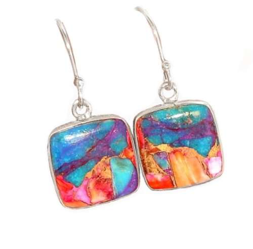 Natural Kingman Pink Dahlia Turquoise Square Gemstone set in Solid .925 Sterling Silver Earrings