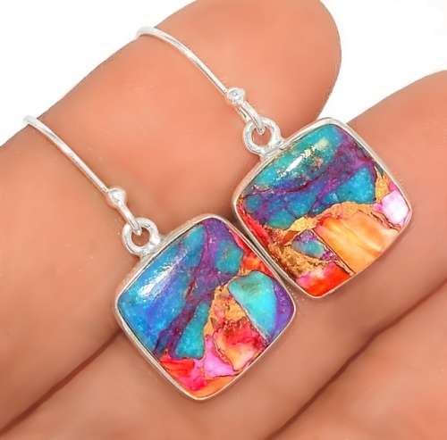 Natural Kingman Pink Dahlia Turquoise Square Gemstone set in Solid .925 Sterling Silver Earrings