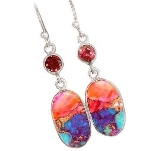 Natural Kingman Pink Dahlia Turquoise and Garnet Gemstone in Solid .925 Sterling Silver Earrings