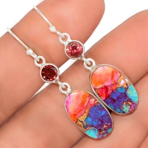 Natural Kingman Pink Dahlia Turquoise and Garnet Gemstone in Solid .925 Sterling Silver Earrings