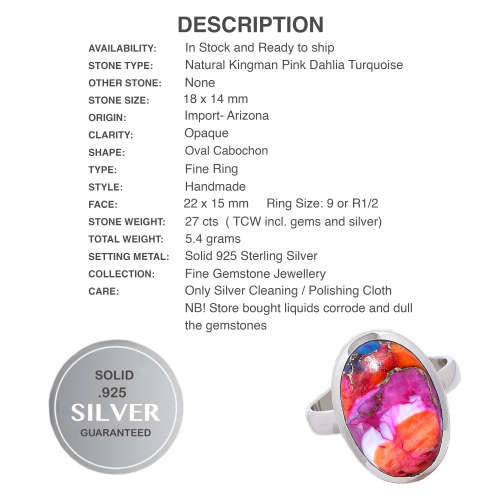 Limited Edition -Natural Kingman Pink Dahlia Turquoise Gemstone Solid .925 Sterling Silver Ring 9