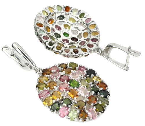 58 cts Deluxe Unheated Multi-Tourmaline set in Solid. 925 Sterling Silver Earrings