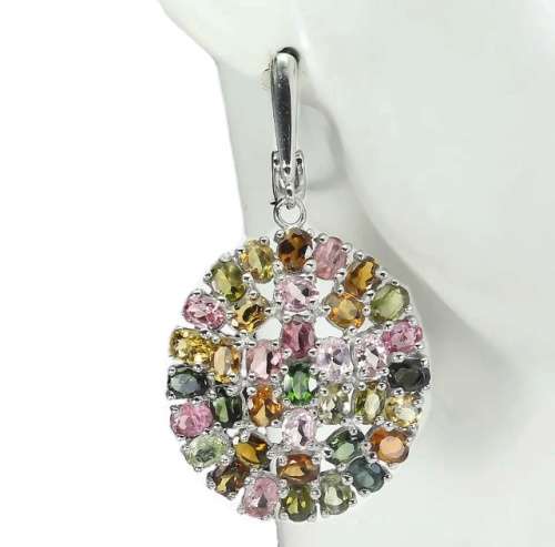 58 cts Deluxe Unheated Multi-Tourmaline set in Solid. 925 Sterling Silver Earrings