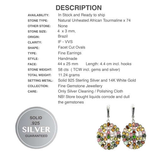 58 cts Deluxe Unheated Multi-Tourmaline set in Solid. 925 Sterling Silver Earrings