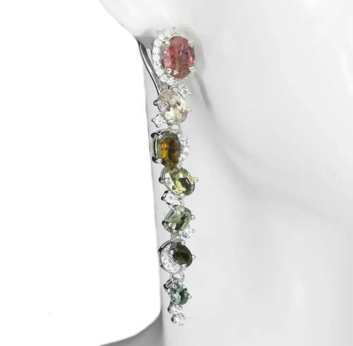 Deluxe Natural Unheated Multi-Tourmaline White Cubic Zirconia in Solid. 925 Sterling Silver Earrings