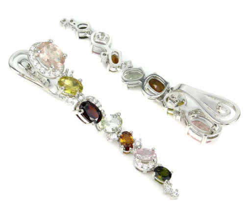 Deluxe Natural Unheated Multi-Tourmaline White Cubic Zirconia in Solid. 925 Sterling Silver Earrings