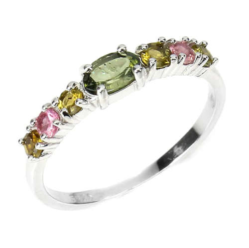 Dainty Natural Unheated Multi-Tourmaline Solid. 925 Sterling Silver Ring Size 9 or R1/2