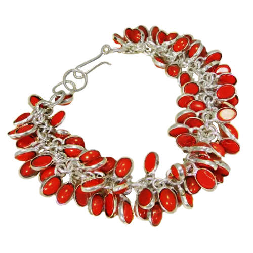 Red Coral Oval CIusters set in 925 Sterling Silver Plated Handmade Bracelet