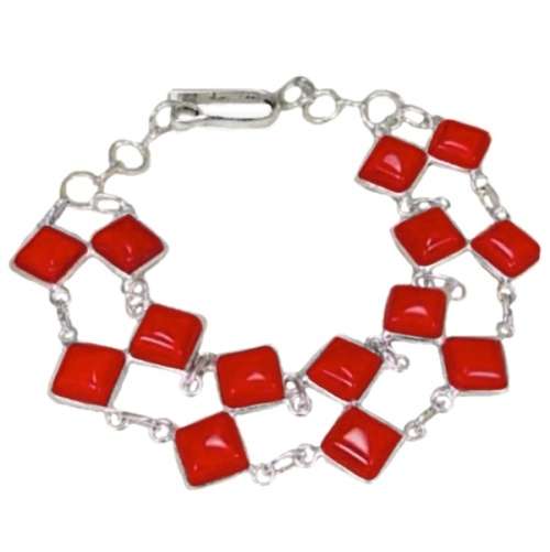 Double Row Red Coral Squares set in .925 Sterling Silver Plated Handmade Bracelet