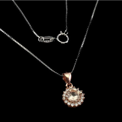 Deluxe Rose Gold Natural Morganite White Cubic Zirconia Solid .925 Sterling Silver Necklace