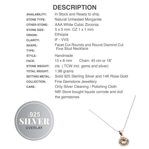 Deluxe Rose Gold Natural Morganite White Cubic Zirconia Solid .925 Sterling Silver Necklace