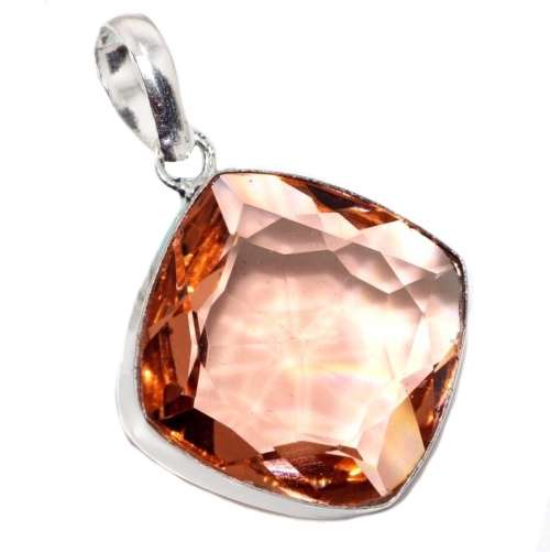 Faceted Morganite Diamond Shape Gemstone set in .925 Sterling Silver Plated Pendant
