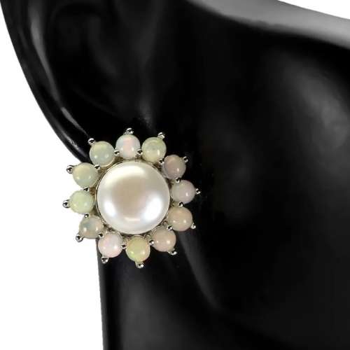 Natural Unheated Rainbow Ethiopian Fire Opal & White Pearl Solid .925 Silver Earrings