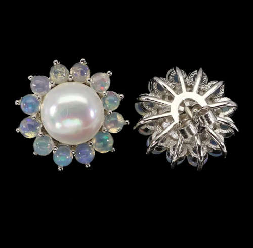 Natural Unheated Rainbow Ethiopian Fire Opal & White Pearl Solid .925 Silver Earrings