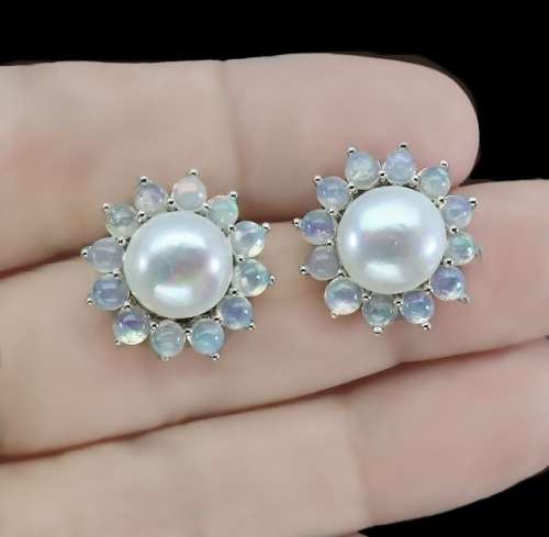 Natural Unheated Rainbow Ethiopian Fire Opal & White Pearl Solid .925 Silver Earrings
