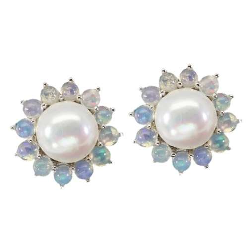 Natural Unheated Rainbow Ethiopian Fire Opal & White Pearl Solid .925 Silver Earrings