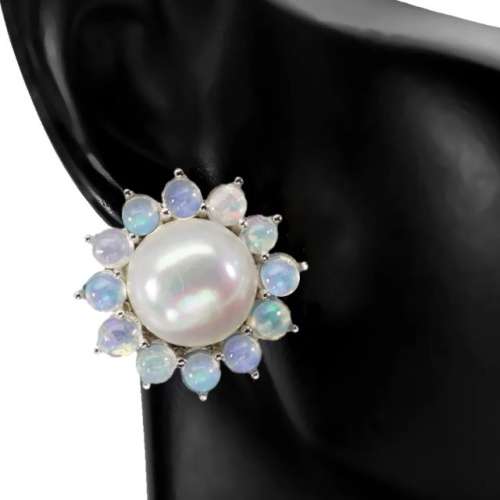 Natural Unheated Rainbow Ethiopian Fire Opal & White Pearl Solid .925 Silver Earrings