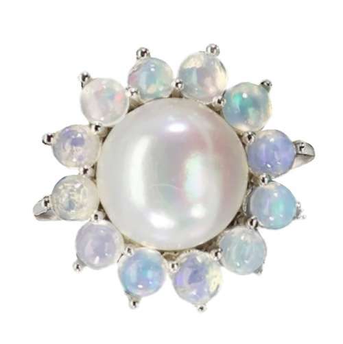 Natural Unheated Ethiopian Fire Opal and White Pearl in Solid .925 Sterling Ring Size 8.5 or Q1/2