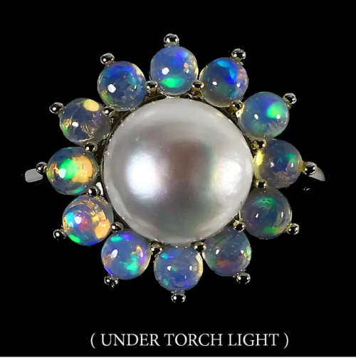 Natural Unheated Ethiopian Fire Opal and White Pearl in Solid .925 Sterling Ring Size 8.5 or Q1/2