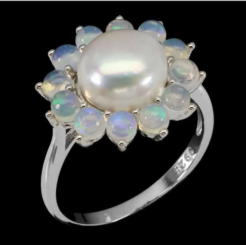 Natural Unheated Ethiopian Fire Opal and White Pearl in Solid .925 Sterling Ring Size 8.5 or Q1/2