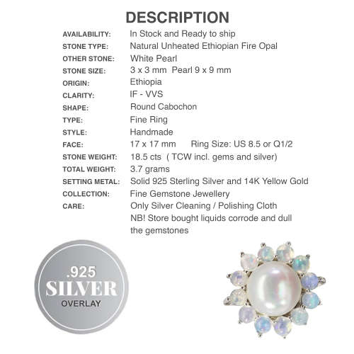 Natural Unheated Ethiopian Fire Opal and White Pearl in Solid .925 Sterling Ring Size 8.5 or Q1/2