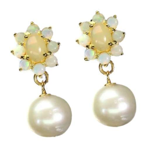 Natural Unheated Rainbow Ethiopian Fire Opal & White Pearl Solid .925 Silver Earrings
