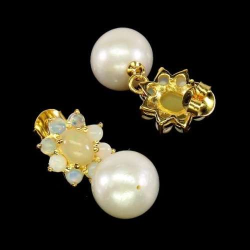 Natural Unheated Rainbow Ethiopian Fire Opal & White Pearl Solid .925 Silver Earrings