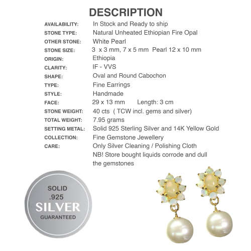 Natural Unheated Rainbow Ethiopian Fire Opal & White Pearl Solid .925 Silver Earrings