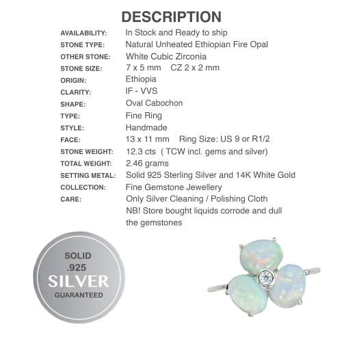 Natural Unheated Full Flash Ethiopian Fire Opal CZ Gemstone Solid .925 Sterling Ring Size 9 or R1/2