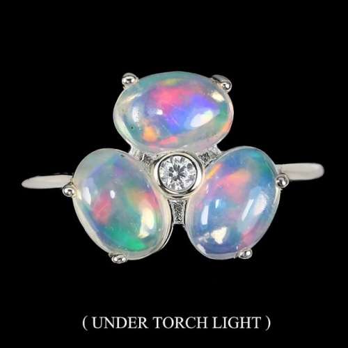 Natural Unheated Full Flash Ethiopian Fire Opal CZ Gemstone Solid .925 Sterling Ring Size 7 or O