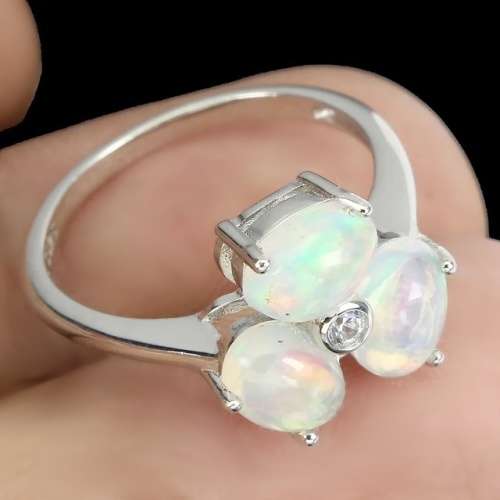 Natural Unheated Full Flash Ethiopian Fire Opal CZ Gemstone Solid .925 Sterling Ring Size 7 or O
