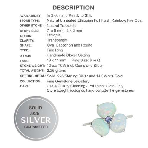 Natural Ethiopian Fire Opal and Tanzanite Gemstone Solid .925 Sterling White Gold Ring Size 8 /Q