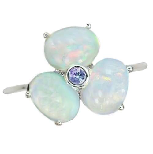 Natural Ethiopian Fire Opal and Tanzanite Gemstone Solid .925 Sterling White Gold Ring Size 8 /Q