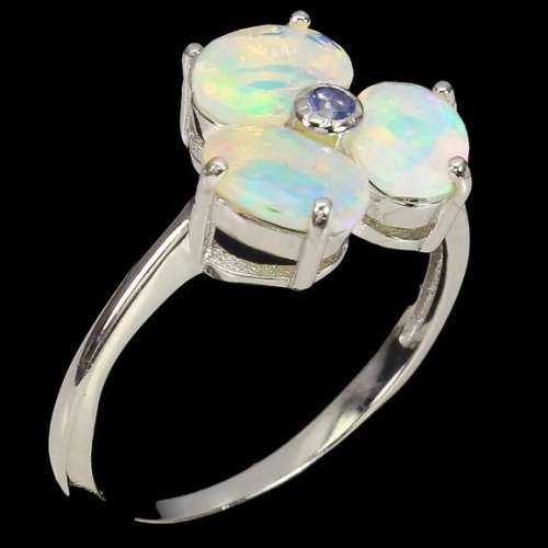 Natural Ethiopian Fire Opal and Tanzanite Gemstone Solid .925 Sterling White Gold Ring Size 8 /Q