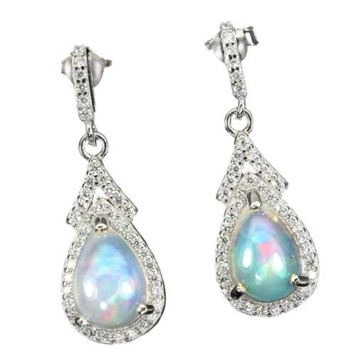 Deluxe Natural Unheated Fire Opal and White Cubic Zirconia Gemstone  925 Sterling Silver Earrings