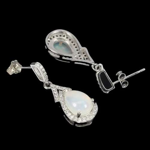 Deluxe Natural Unheated Fire Opal and White Cubic Zirconia Gemstone  925 Sterling Silver Earrings