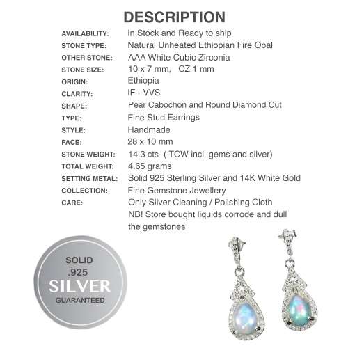 Deluxe Natural Unheated Fire Opal and White Cubic Zirconia Gemstone  925 Sterling Silver Earrings